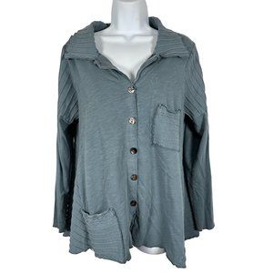 Fenini Womens Medium Top Blouse Lagenlook Button Up Long Sleeve Pockets Collared